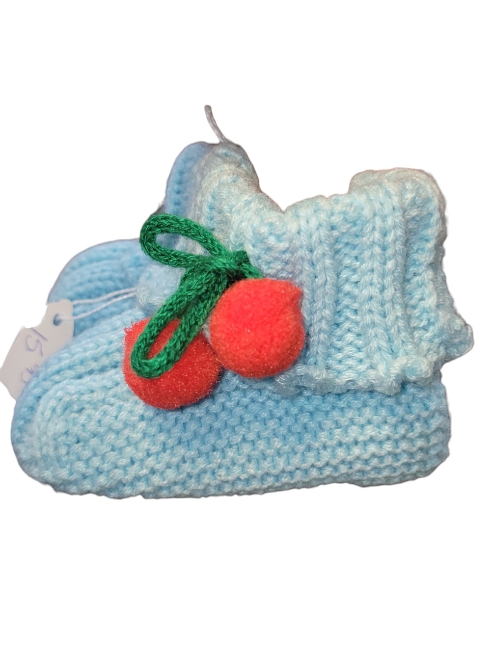 Hand-Knit Baby Booties with Cherry Accent - Light Blue Newborn